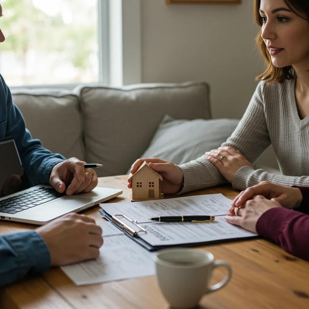 Couple consulting with a lender about construction financing options in a comfortable home office setting