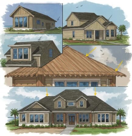 A stunning custom-built coastal residence in Rockport, TX, featuring robust storm-resistant elements and lush landscaping