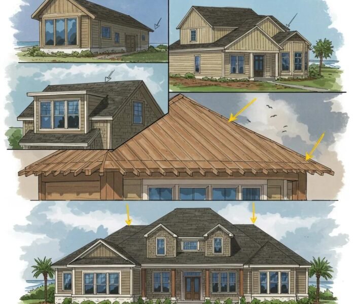 A stunning custom-built coastal residence in Rockport, TX, featuring robust storm-resistant elements and lush landscaping